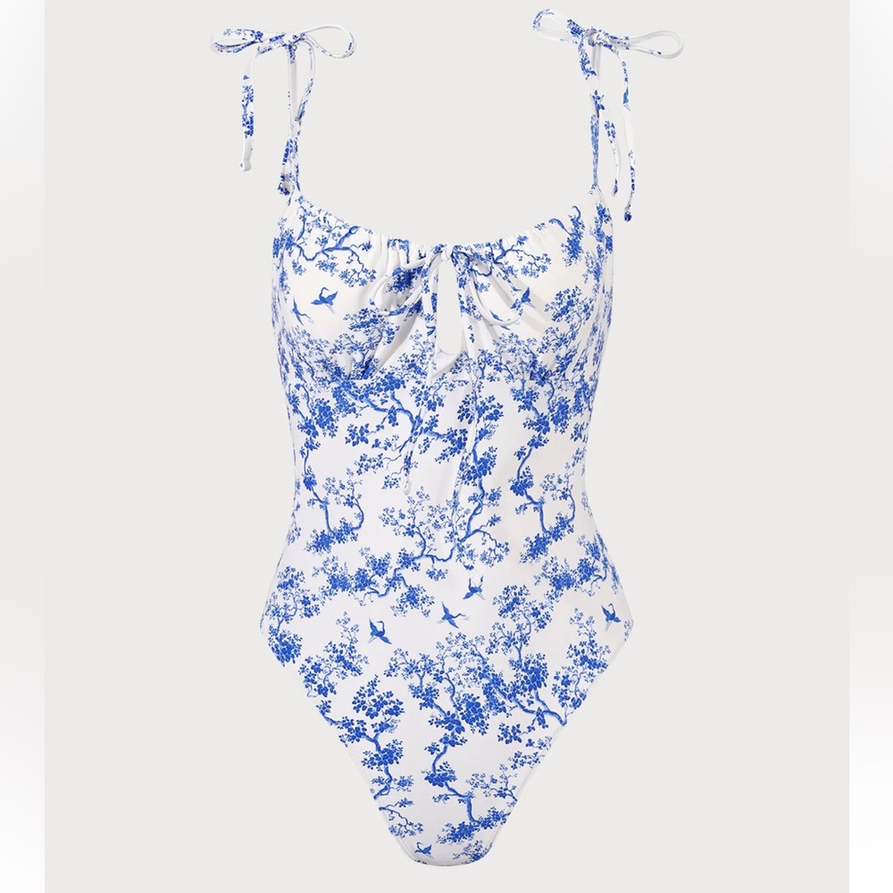 Berlook Blue Retro Floral Drawstring One-Piece Swimsuit